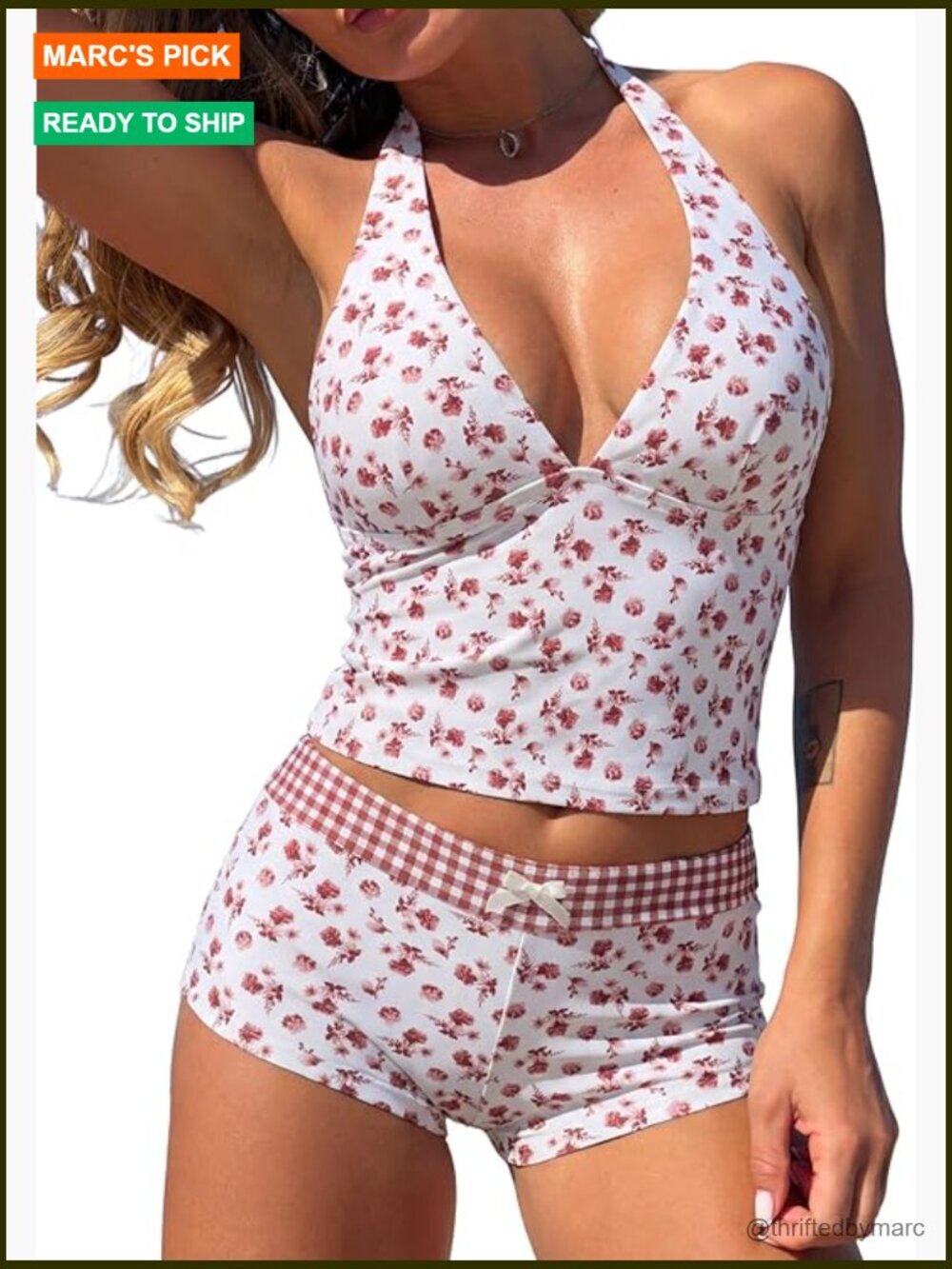 V Neck Tankini with Shorts Halter Tummy Control Two Piece Bathing Suit